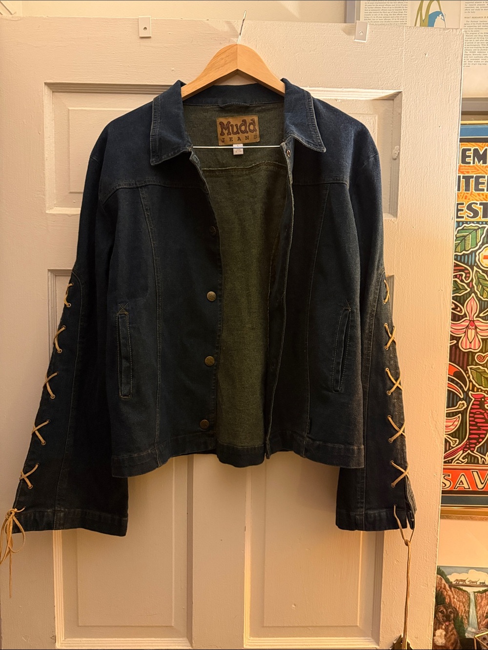 Vintage y2k Mudd Navy Jean Jacket with Lace-Up Sleeve Detail